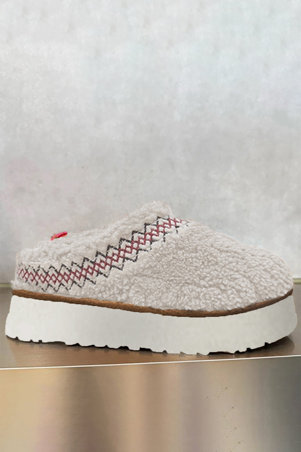 " Where we going " White Embroidered Sherpa Plush Thick Sole Winter Slippers