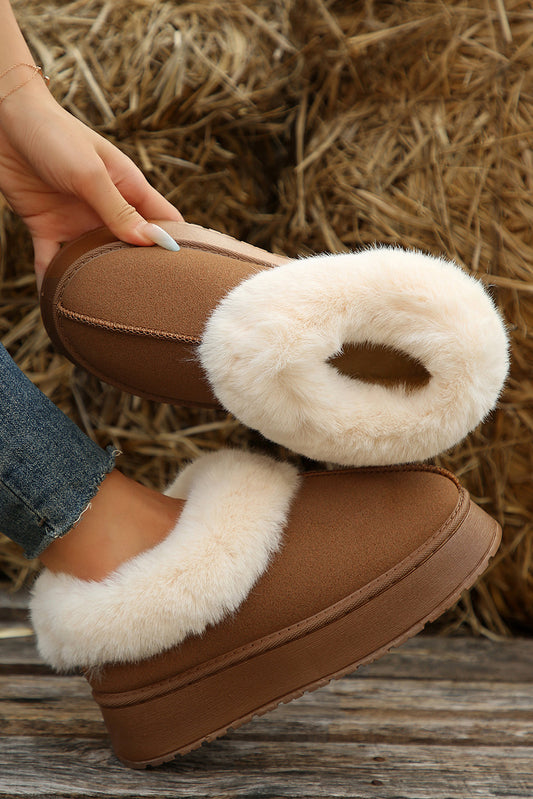 " Keep me warm " Chestnut Plush Suede Trim Thick Sole Flat Snow Boots