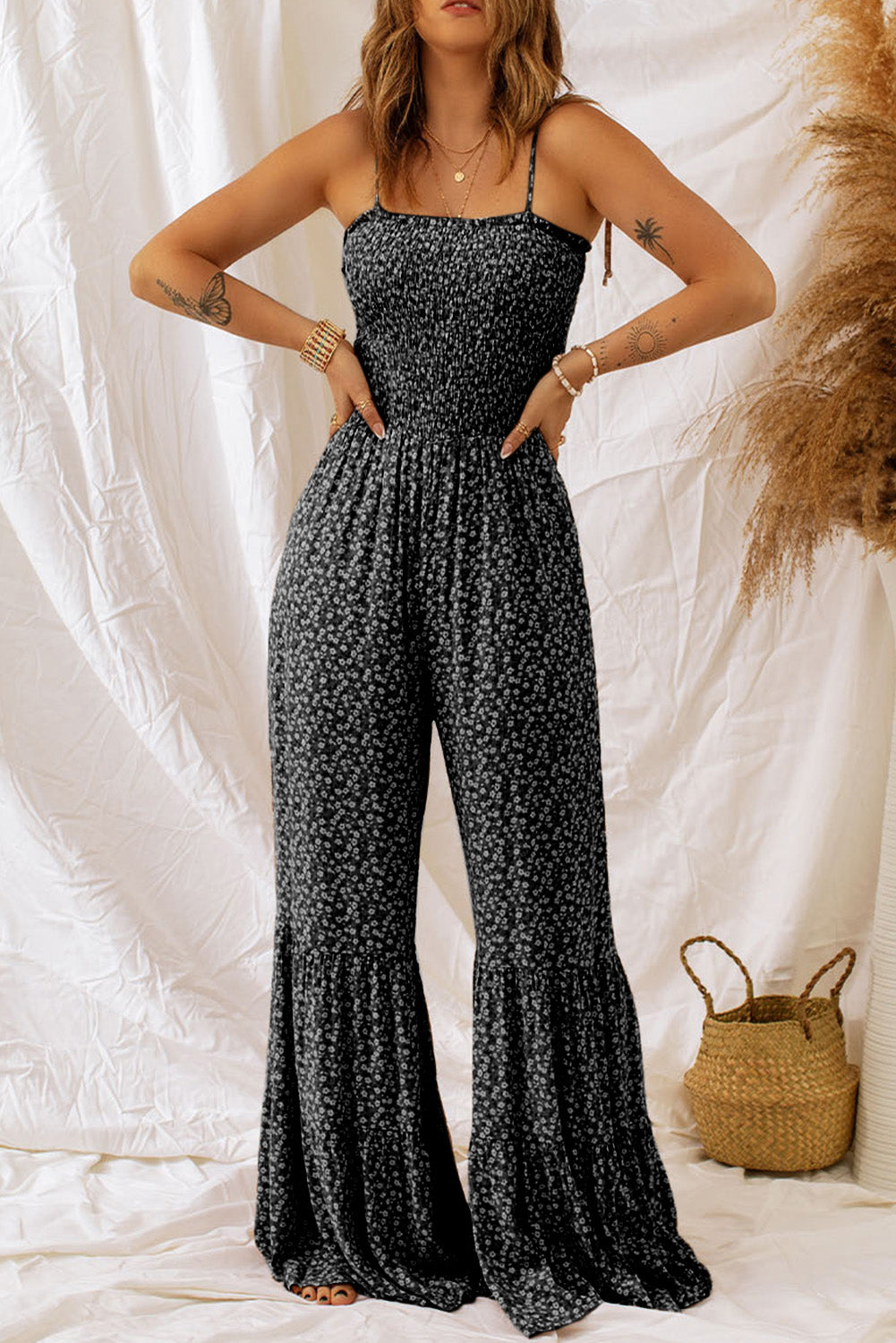 " Better in Black " Black Thin Straps Smocked Bodice Wide Leg Floral Jumpsuit