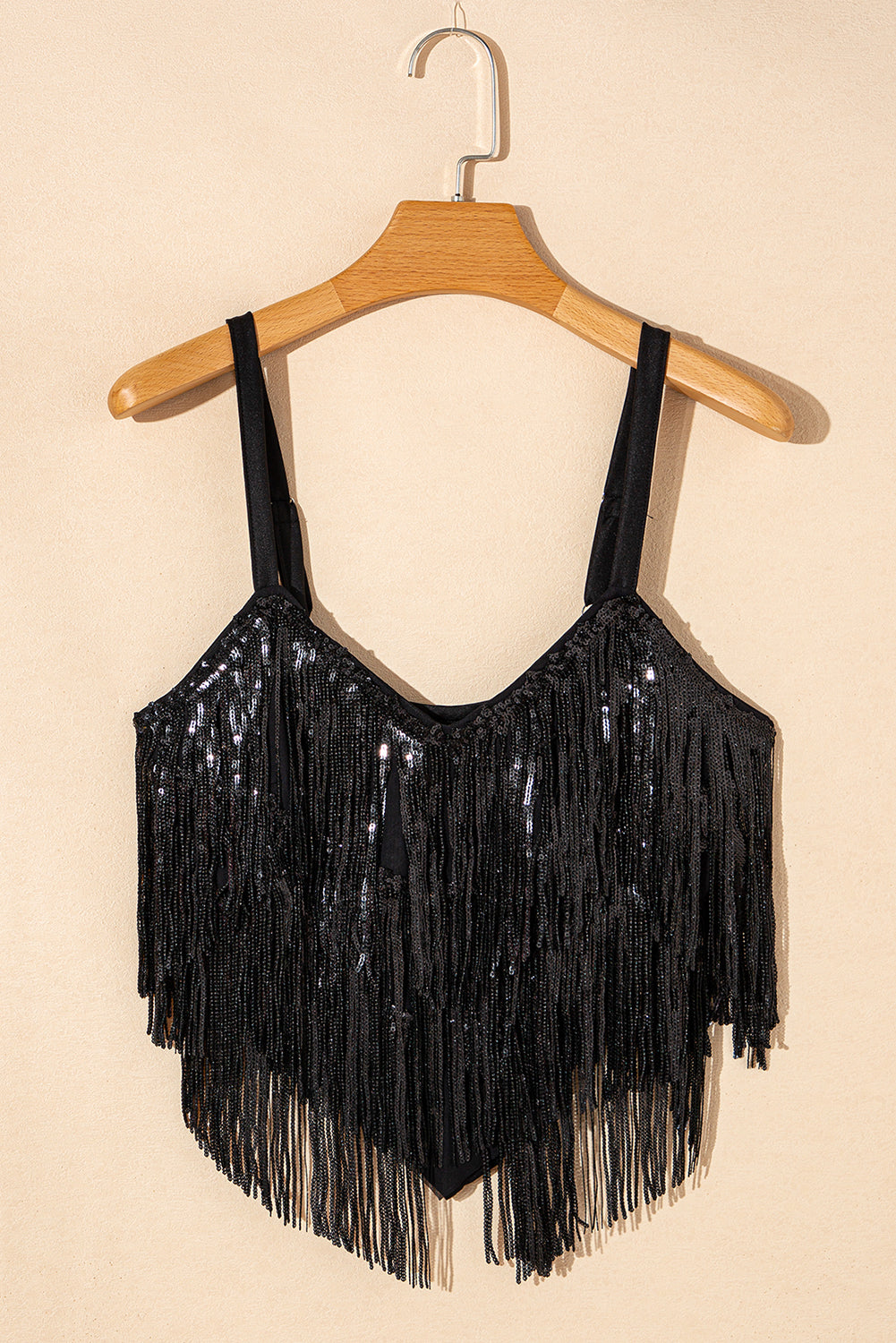 " Rooftop " Black Sequin Tasseled Tank Crop Top