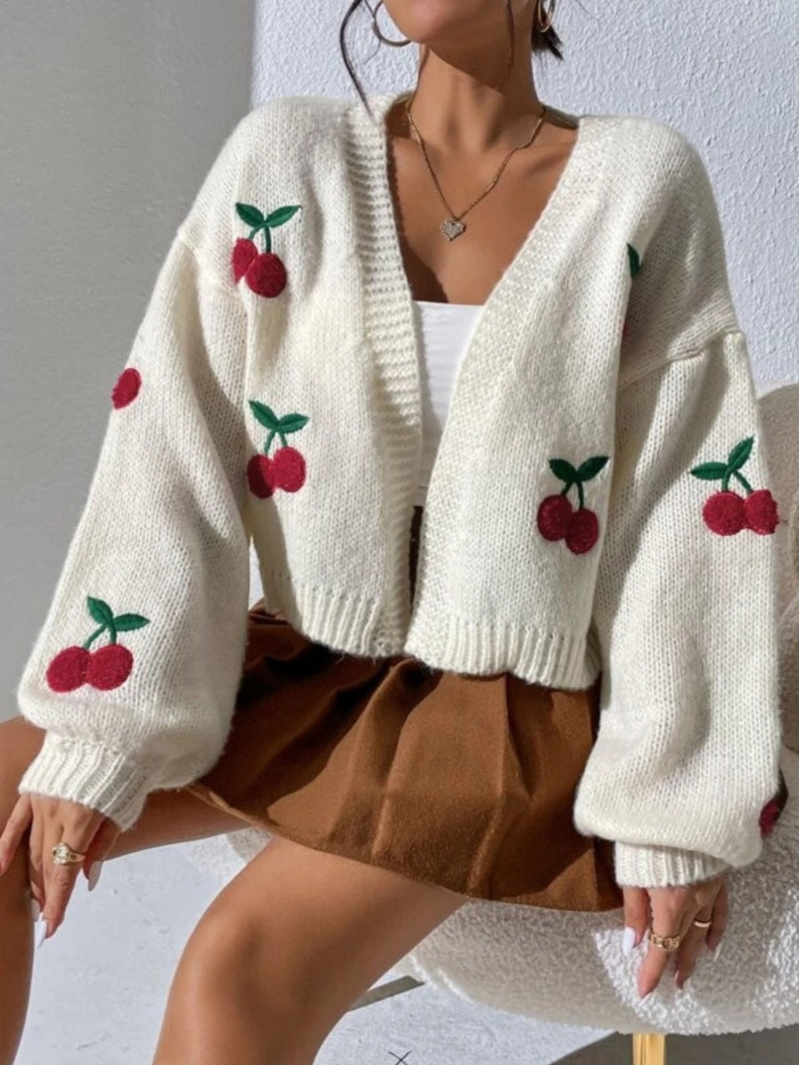 " Cherry Bomb" Cherry Graphic Open Front Dropped Shoulder Cardigan