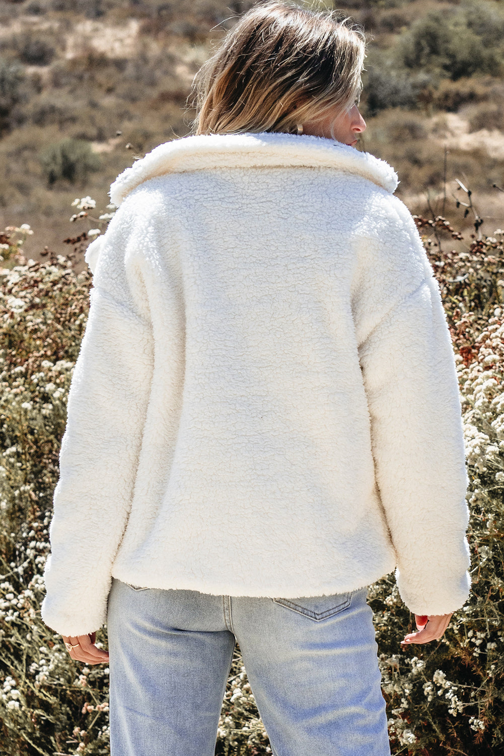 " Check my Calander " Beige Faux Fur Button Pocketed Lapel Collar Jacket