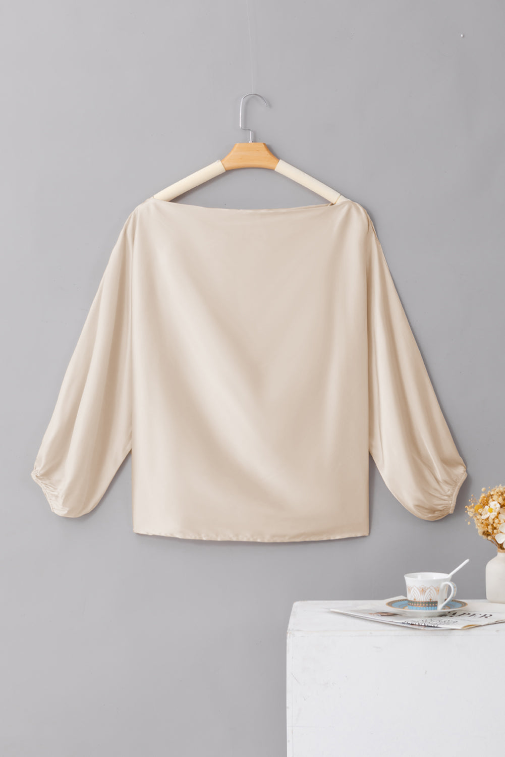 " Bite Me " Apricot Asymmetrical Neck Balloon Sleeve Satin Blouse