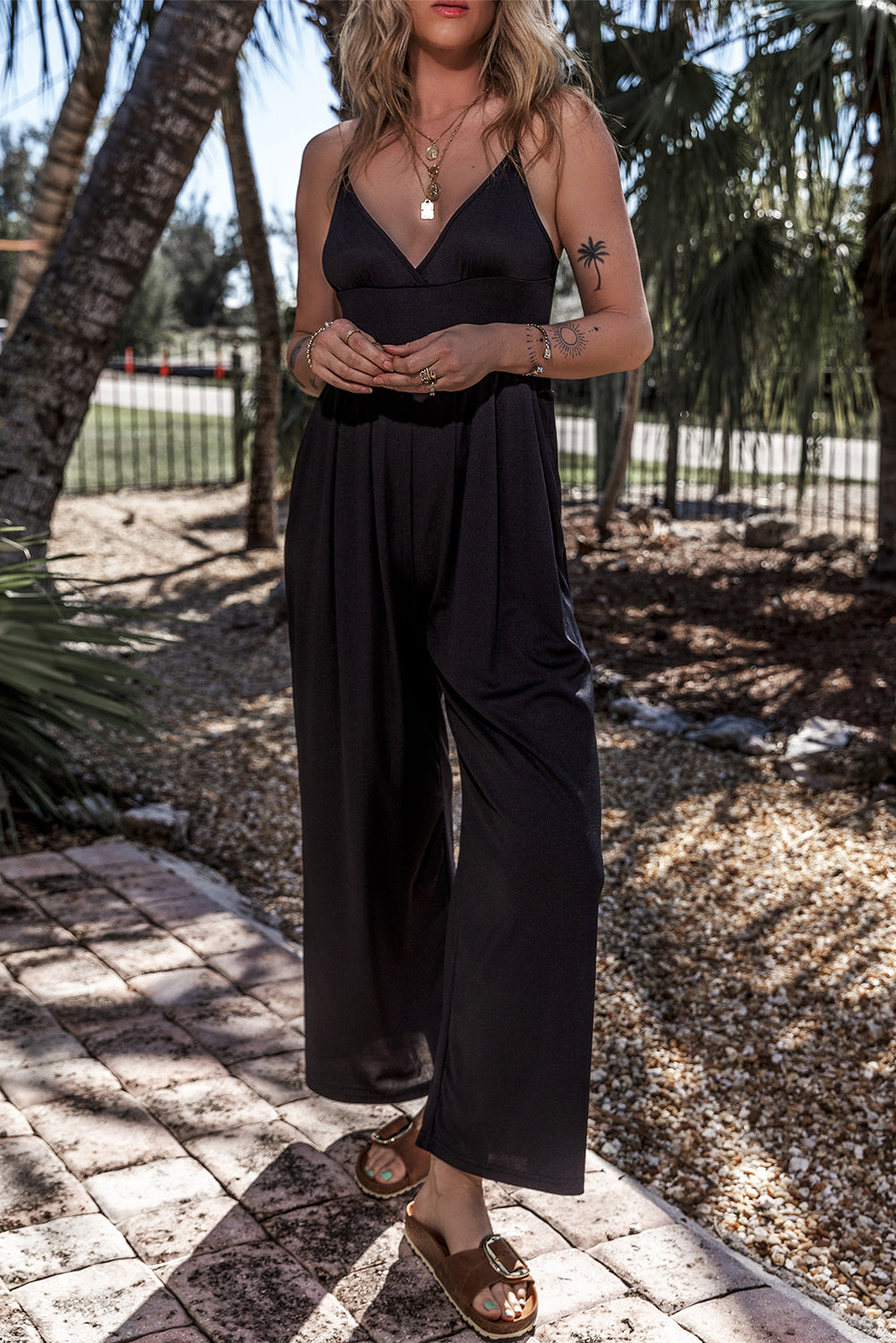 " Here for it " Black Wide Leg High Waist Sexy V Neck Cami Jumpsuit