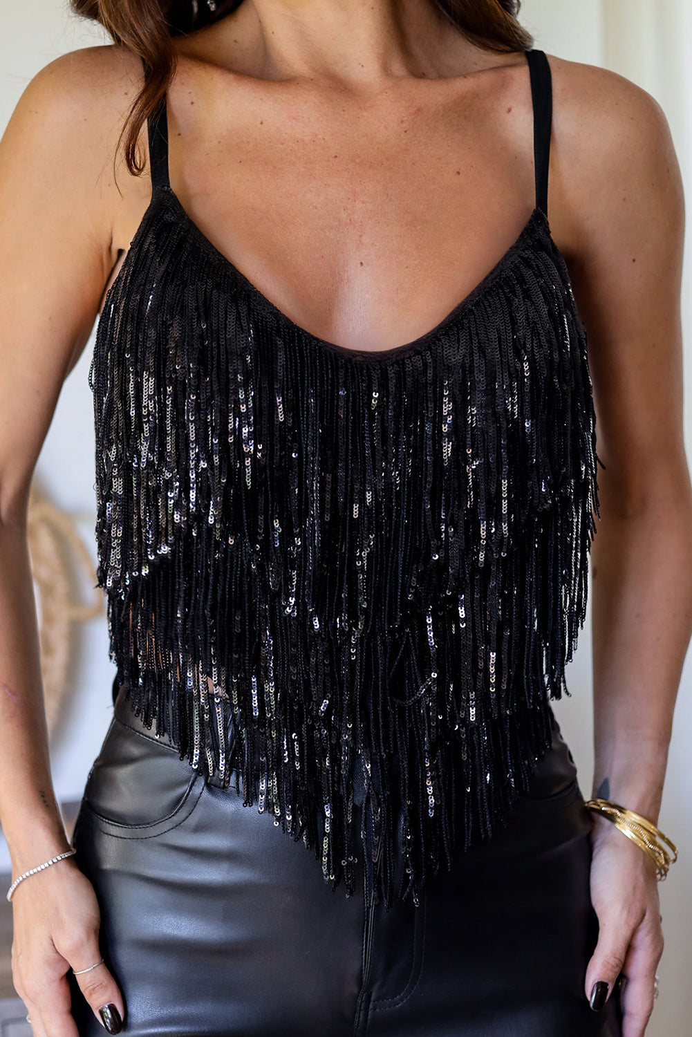 " Rooftop " Black Sequin Tasseled Tank Crop Top