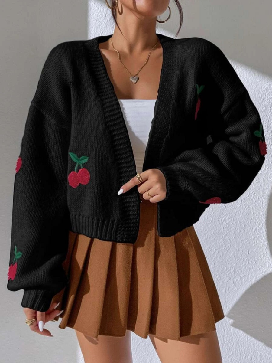 " Cherry Bomb" Cherry Graphic Open Front Dropped Shoulder Cardigan