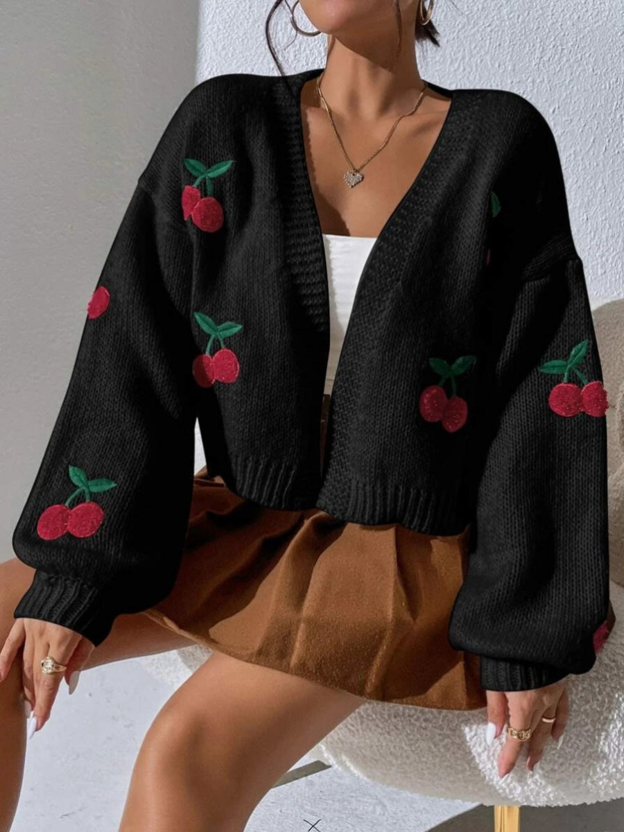 " Cherry Bomb" Cherry Graphic Open Front Dropped Shoulder Cardigan