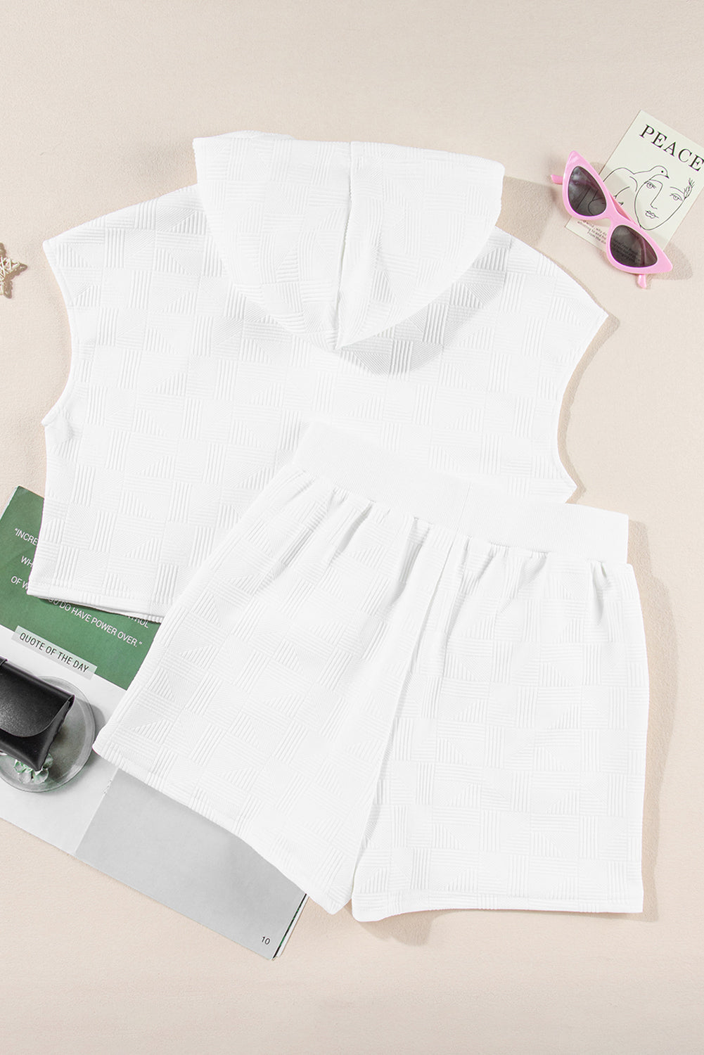 " Serena " White Textured Cropped Hoodie and Shorts Set