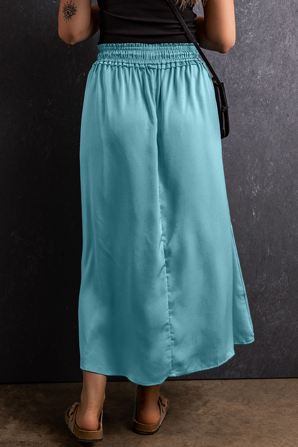 "Be Exclusive" Peacock Blue Drawstring Split Side Flowy Long Skirt