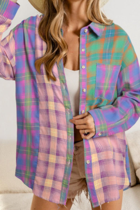 "Lets go Glamping" Contrast Plaid Pocketed Collared Neck Shirt