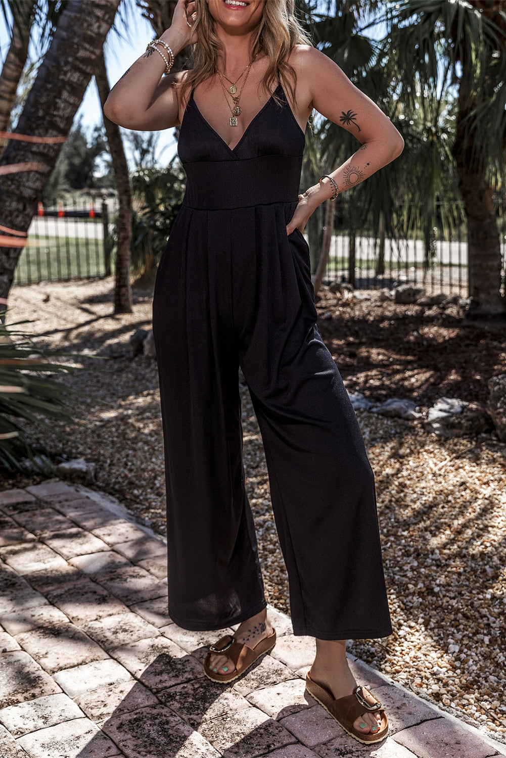 " Here for it " Black Wide Leg High Waist Sexy V Neck Cami Jumpsuit