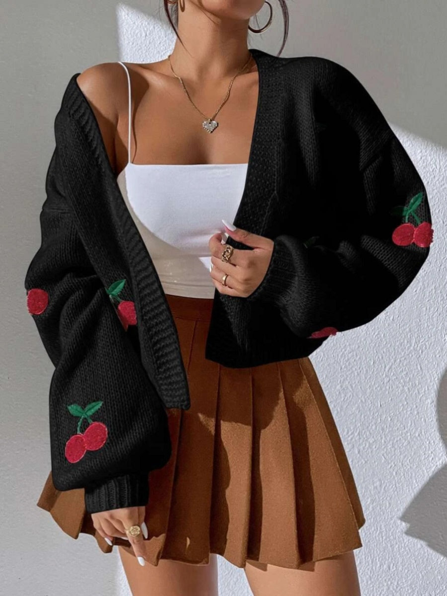 " Cherry Bomb" Cherry Graphic Open Front Dropped Shoulder Cardigan