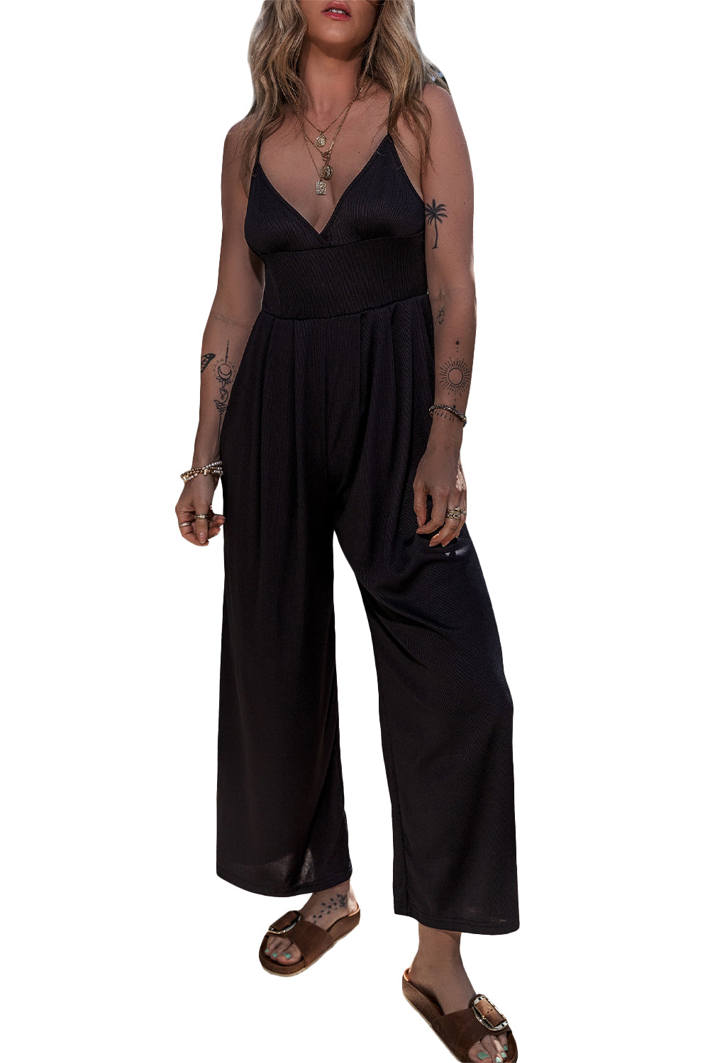 " Here for it " Black Wide Leg High Waist Sexy V Neck Cami Jumpsuit