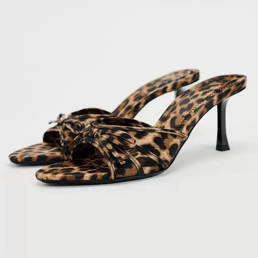 " Pam made me do it" Bow Leopard Kitten Heel Sandals