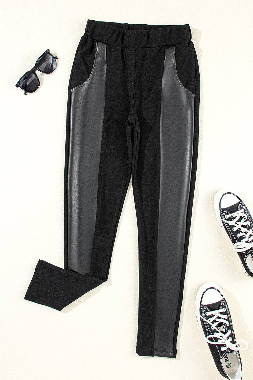 "Back Stage " Black Leather Panel Patchwork High Waist Leggings