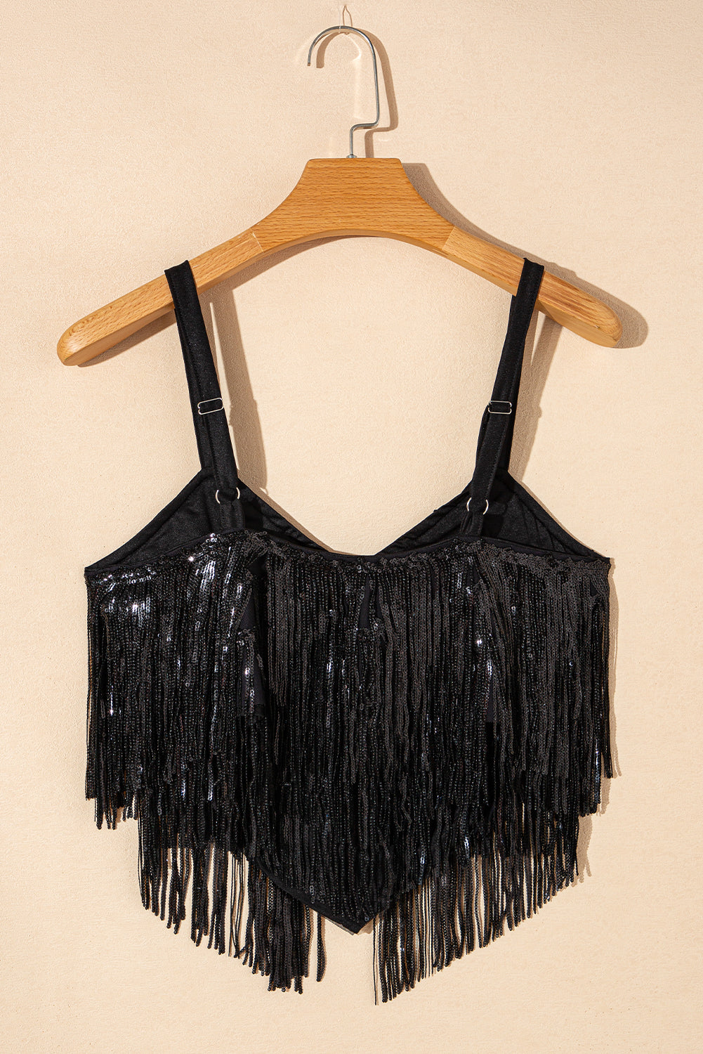 " Rooftop " Black Sequin Tasseled Tank Crop Top