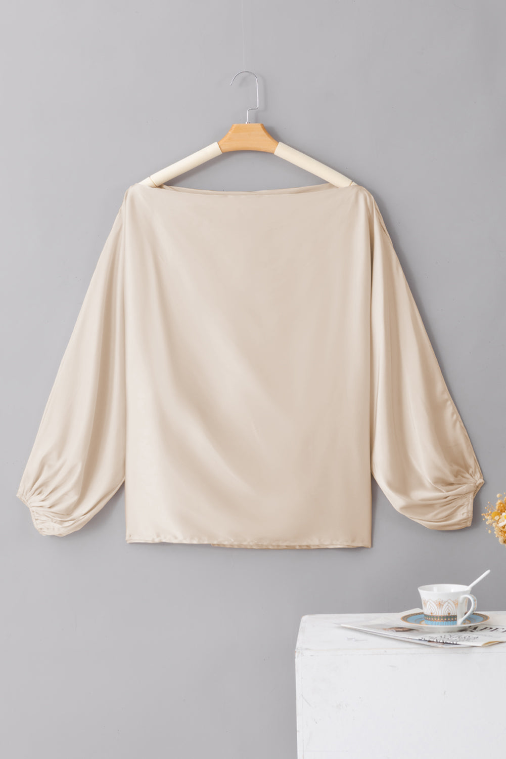 " Bite Me " Apricot Asymmetrical Neck Balloon Sleeve Satin Blouse