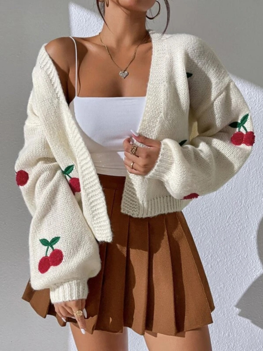 " Cherry Bomb" Cherry Graphic Open Front Dropped Shoulder Cardigan