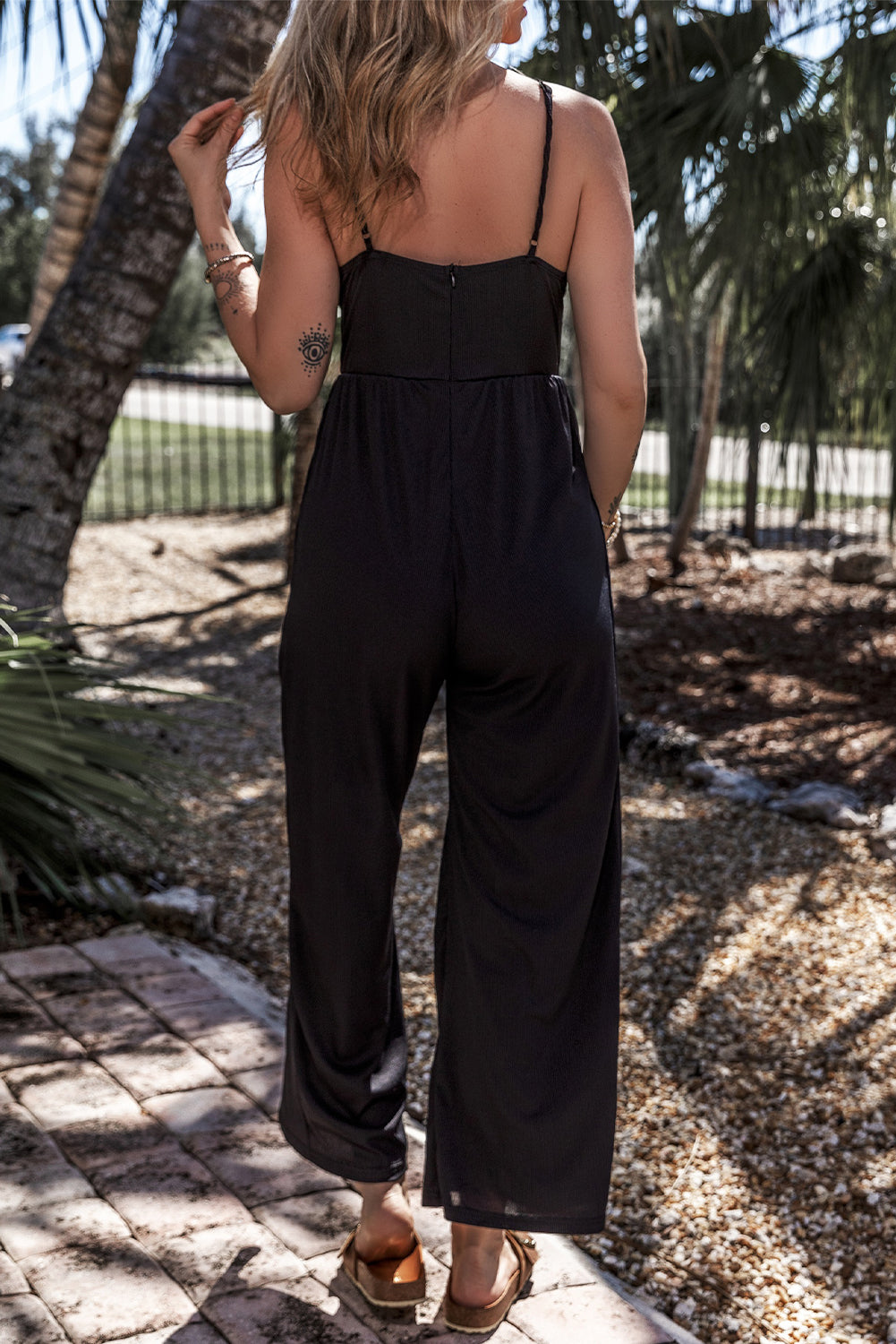 " Here for it " Black Wide Leg High Waist Sexy V Neck Cami Jumpsuit