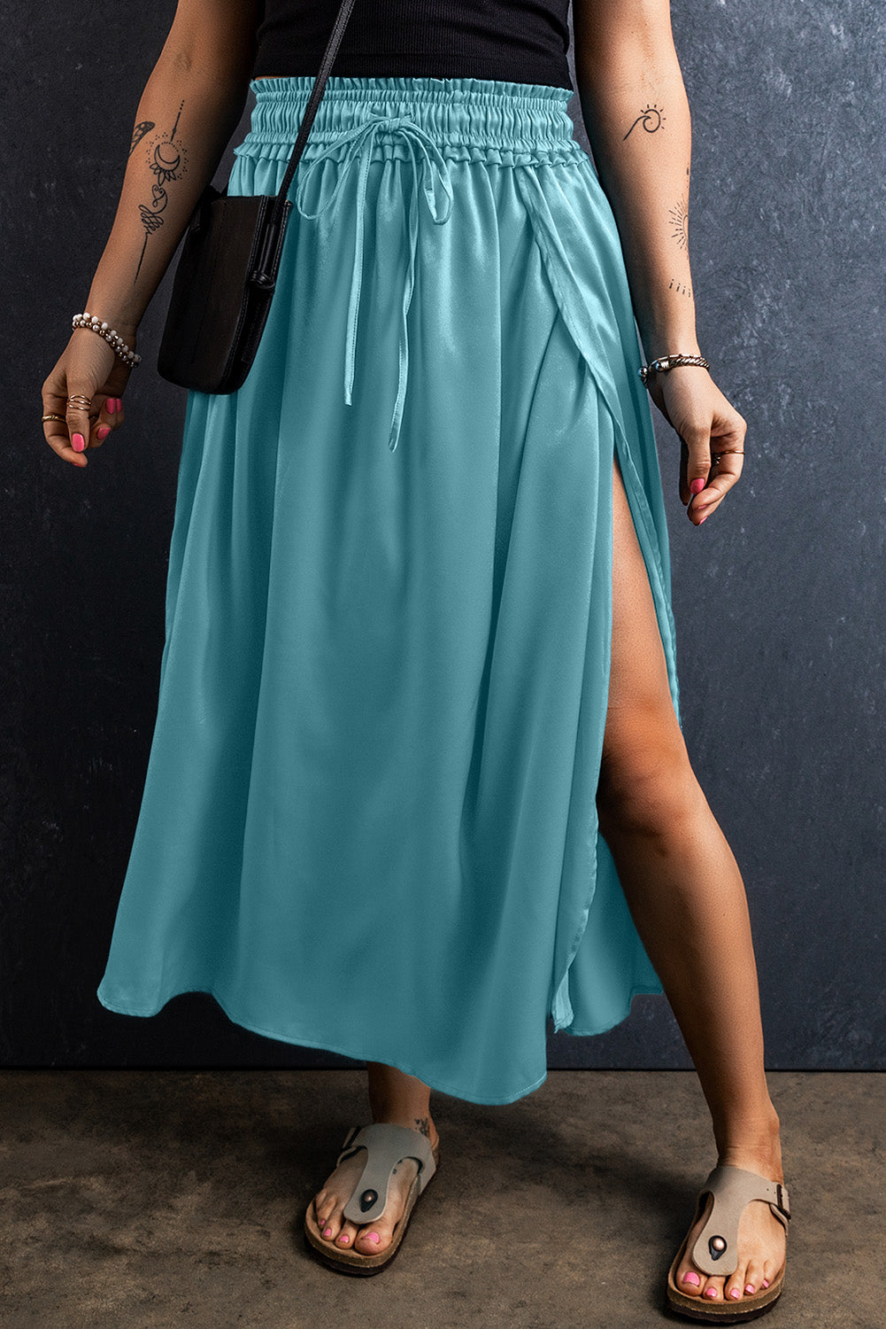 "Be Exclusive" Peacock Blue Drawstring Split Side Flowy Long Skirt