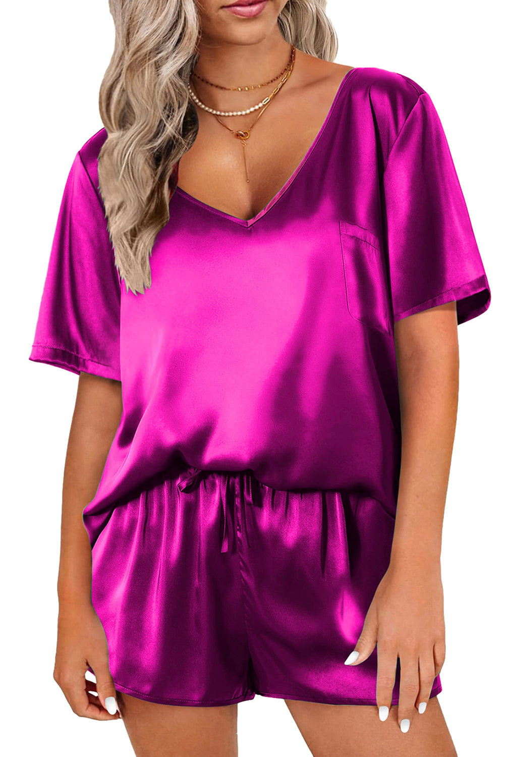 " I woke up like this " Bright Pink Satin V Neck Tee and Drawstring Shorts Set