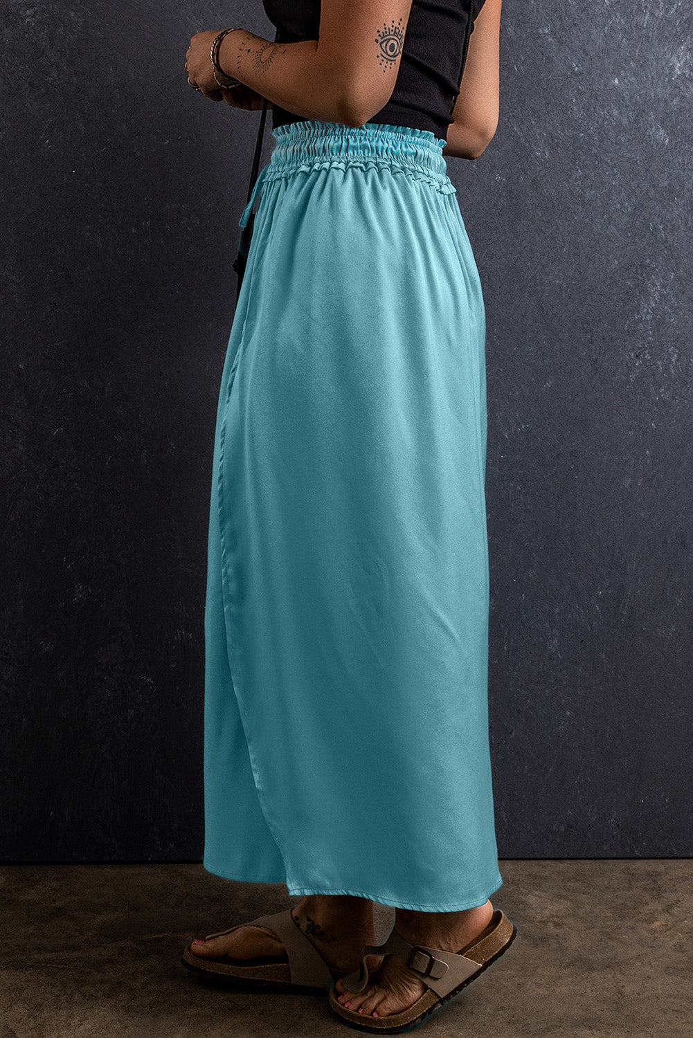 "Be Exclusive" Peacock Blue Drawstring Split Side Flowy Long Skirt