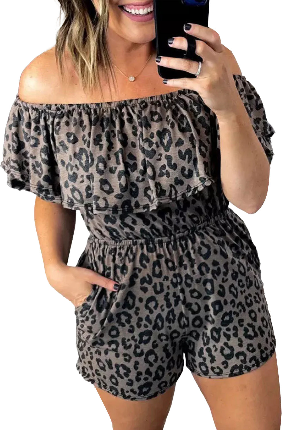 " Sexy pero Cute" Leopard Off-Shoulder Romper with Pockets