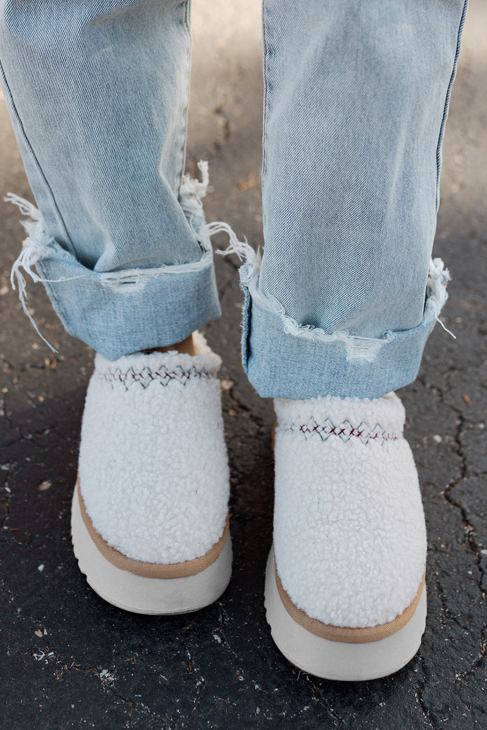 " Where we going " White Embroidered Sherpa Plush Thick Sole Winter Slippers