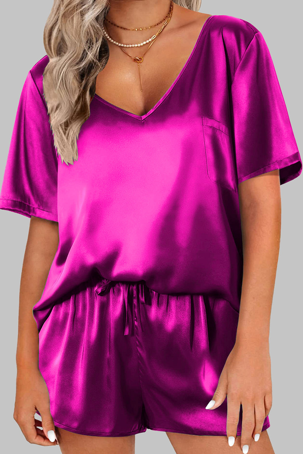 " I woke up like this " Bright Pink Satin V Neck Tee and Drawstring Shorts Set