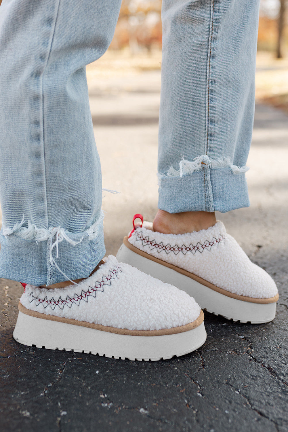 " Where we going " White Embroidered Sherpa Plush Thick Sole Winter Slippers