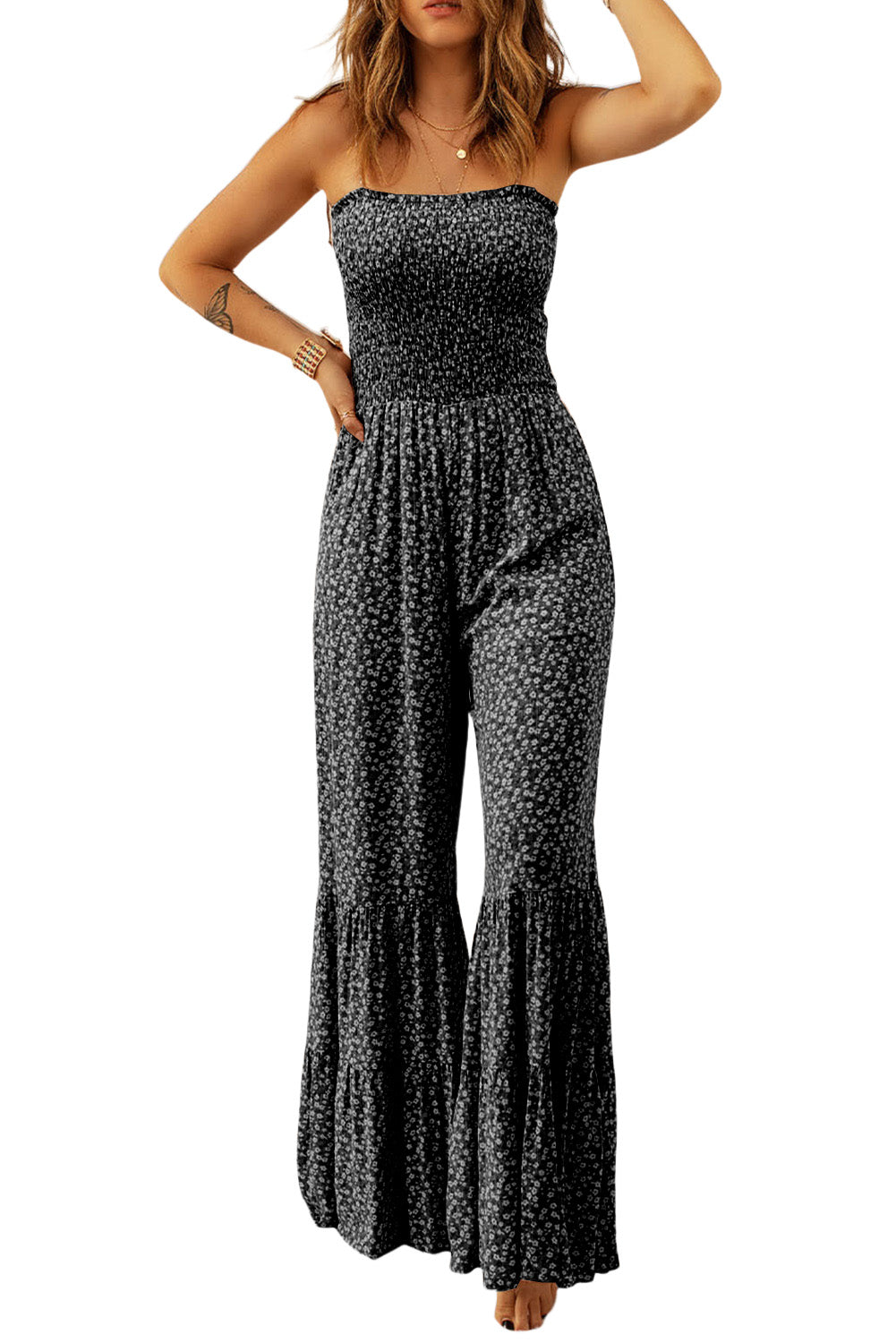 " Better in Black " Black Thin Straps Smocked Bodice Wide Leg Floral Jumpsuit