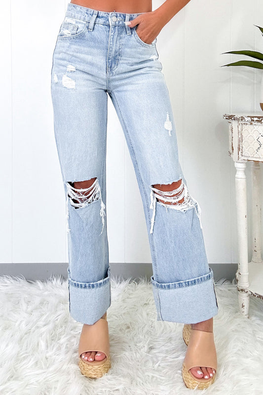 " Blue Jean Baby " Beau Blue Light Wash Distressed Flare Jeans