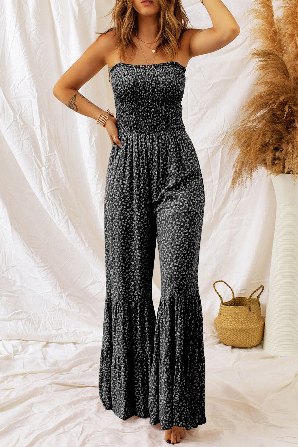 " Better in Black " Black Thin Straps Smocked Bodice Wide Leg Floral Jumpsuit