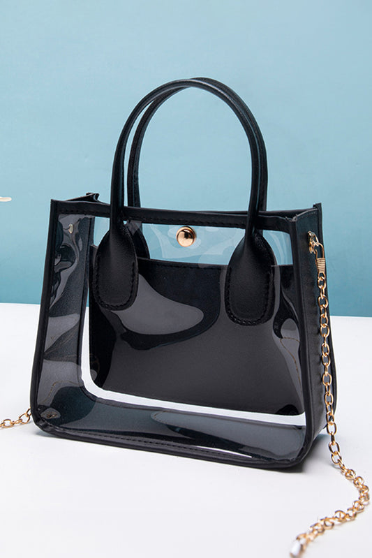 " Cause its cute " Black PVC PU Leather Patchwork Chain Strap Shoulder Bag