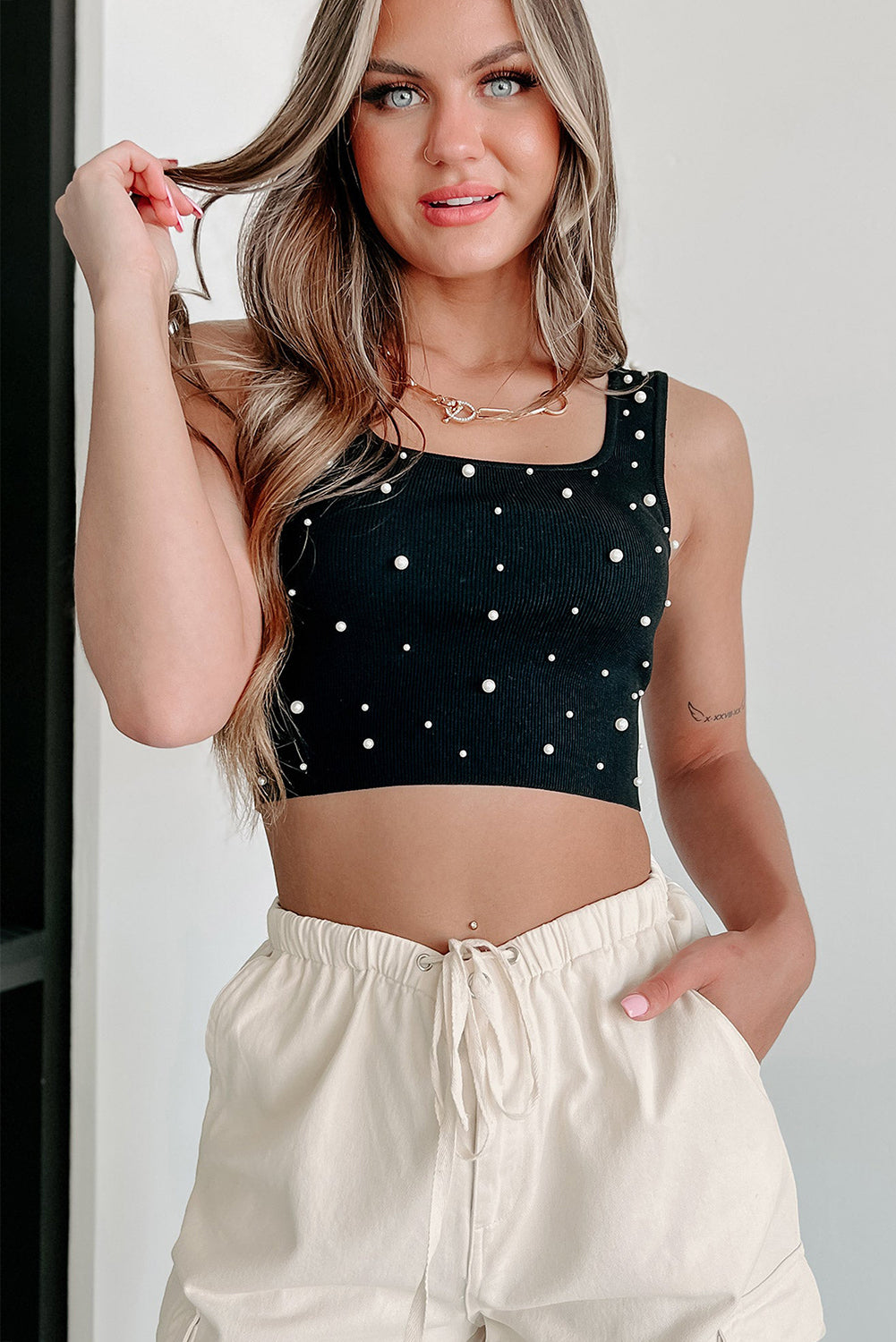 "Elegant , Sweet & Sexy" Black Pearl Decor Square Neck Sleeveless Crop Top