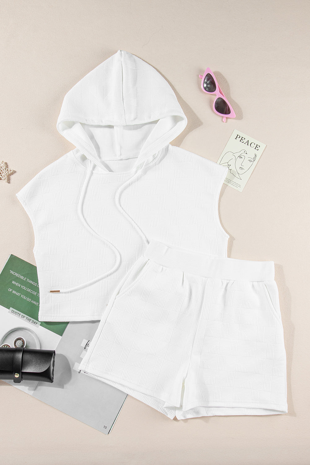 " Serena " White Textured Cropped Hoodie and Shorts Set