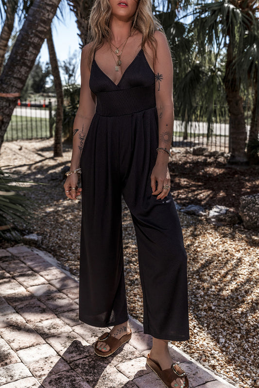 " Here for it " Black Wide Leg High Waist Sexy V Neck Cami Jumpsuit