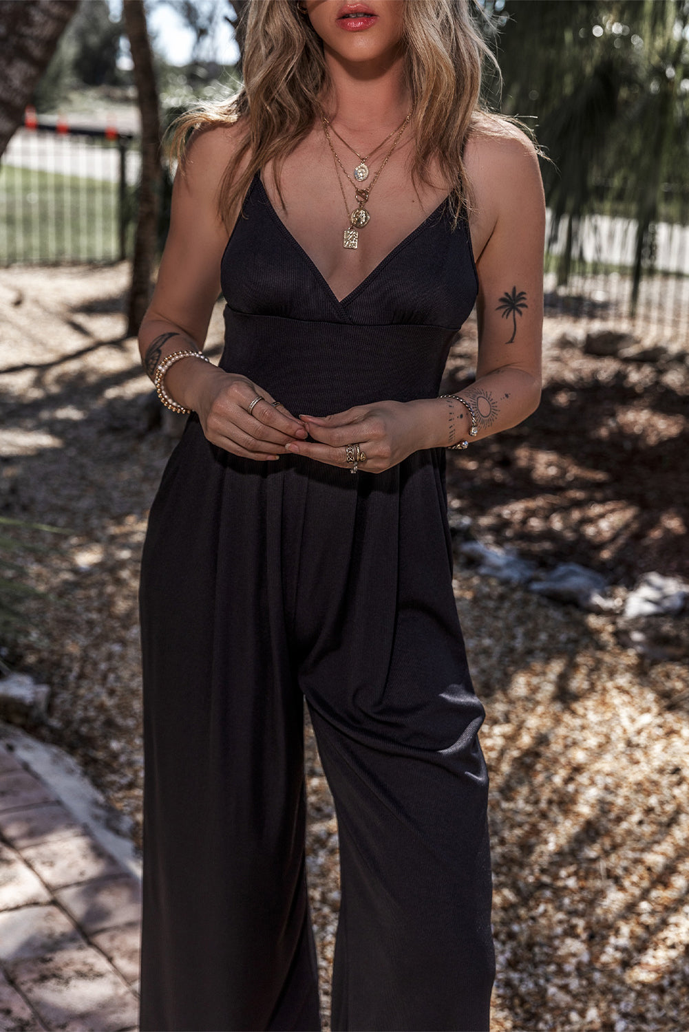 " Here for it " Black Wide Leg High Waist Sexy V Neck Cami Jumpsuit